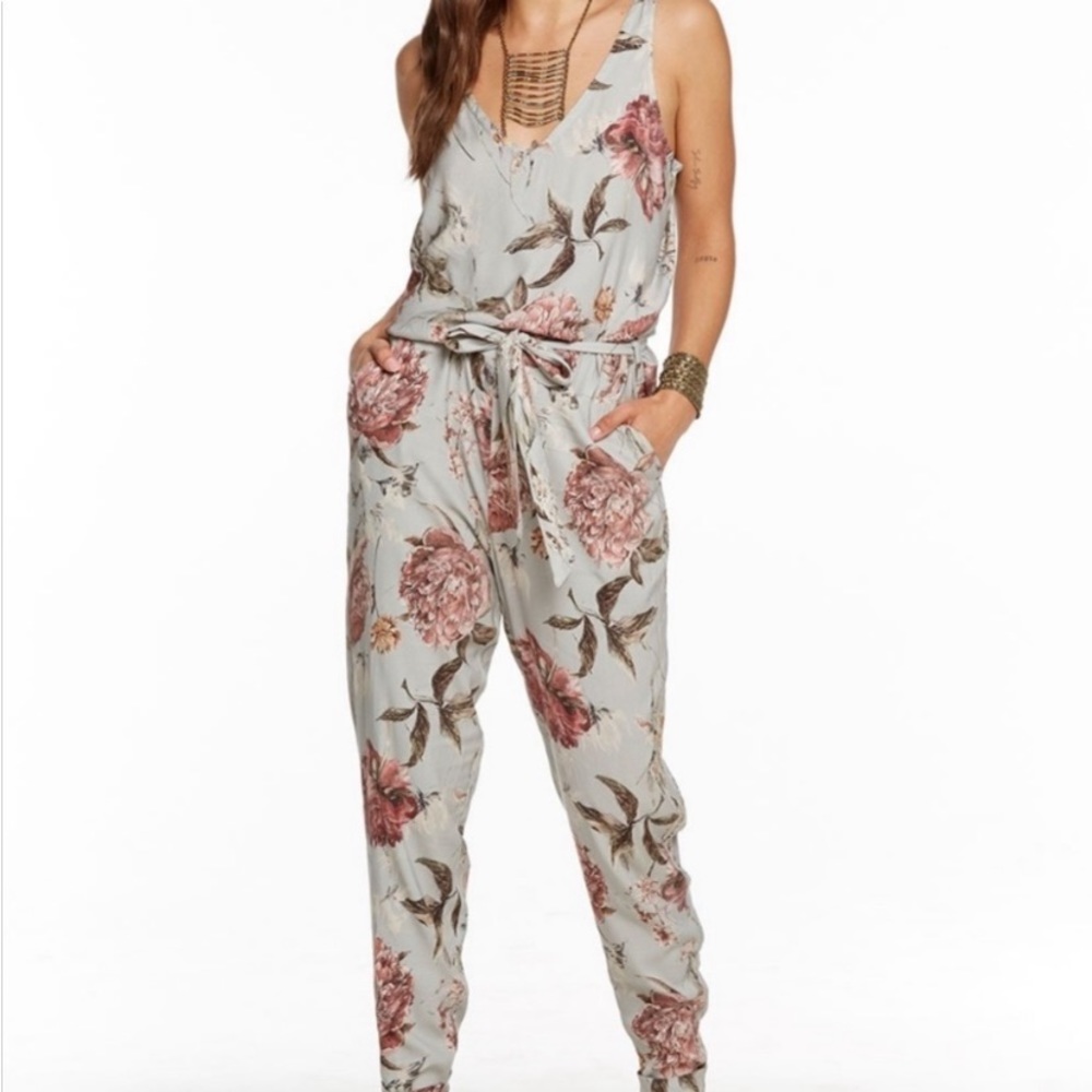 NWT CHASER Heirloom Woven Double V Tank Top Tie Waist Jumpsuit Pockets SZ Med.
